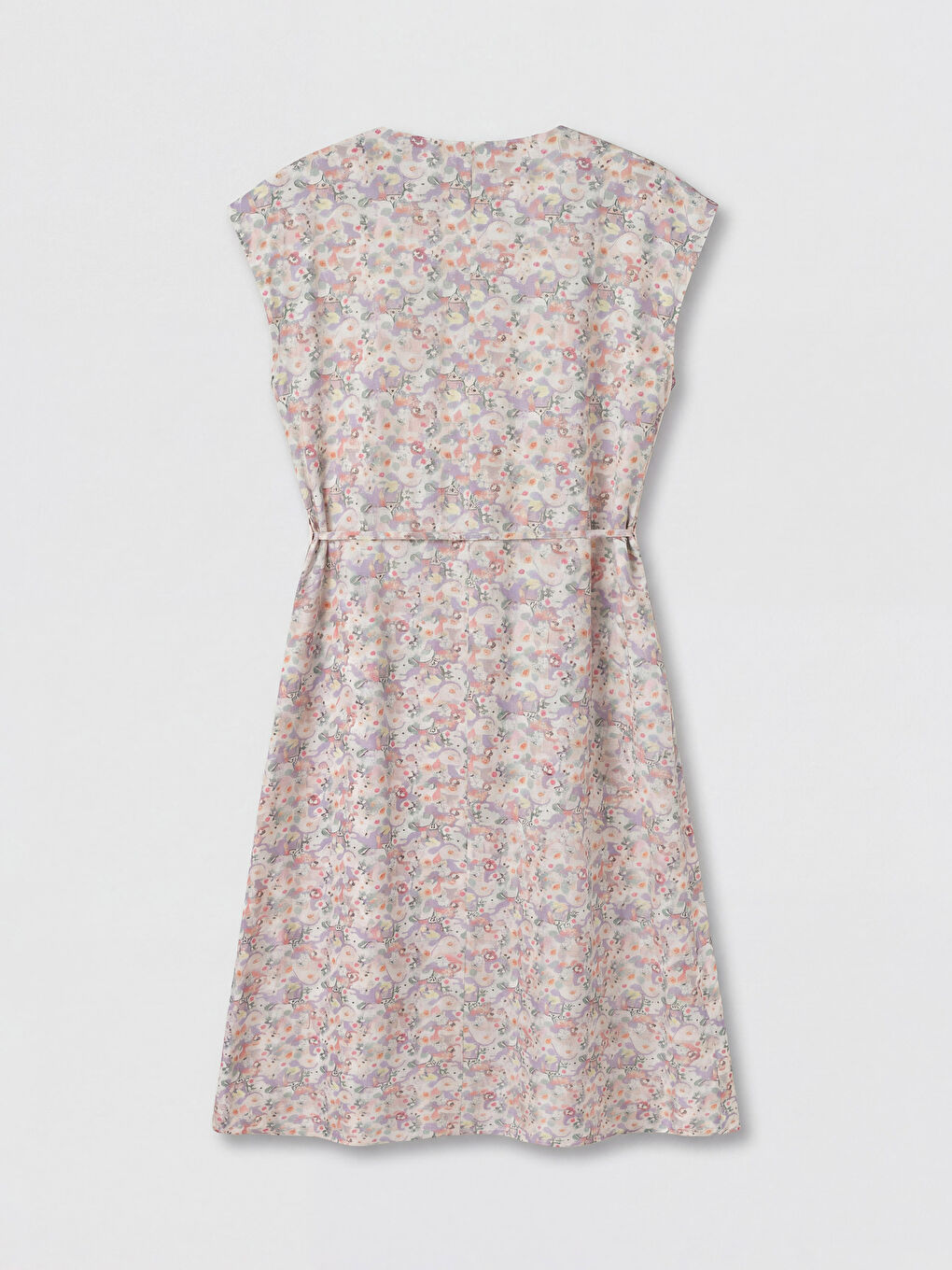 Karışık V Yaka Beli Kuşaklı Çiçekli Elbise-1