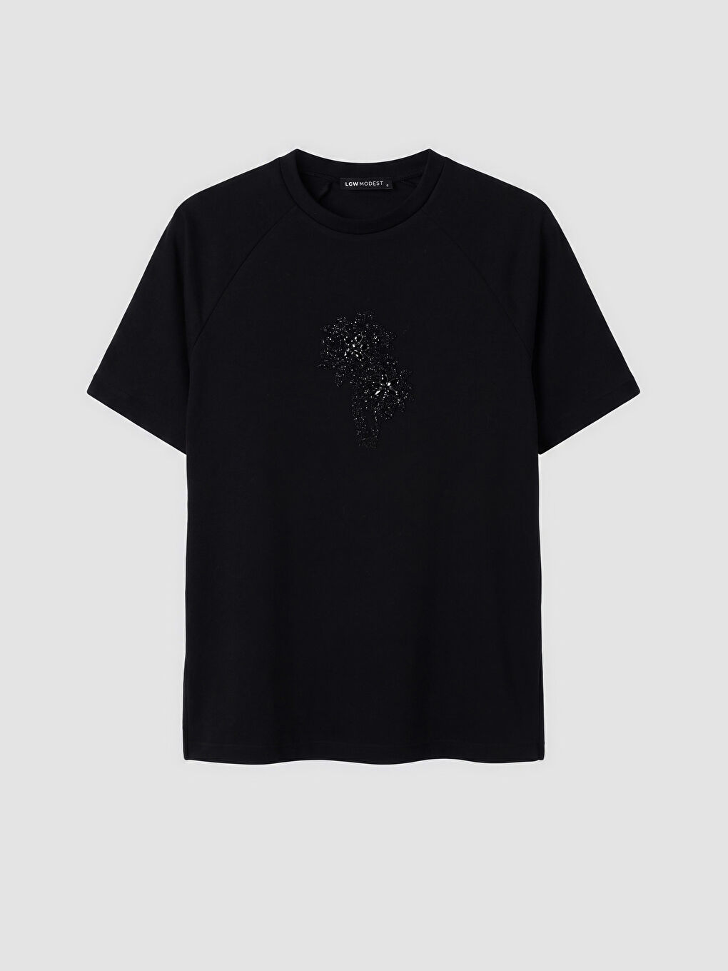 Siyah Bisiklet Yaka Taş İşlemeli Kadın Tişört