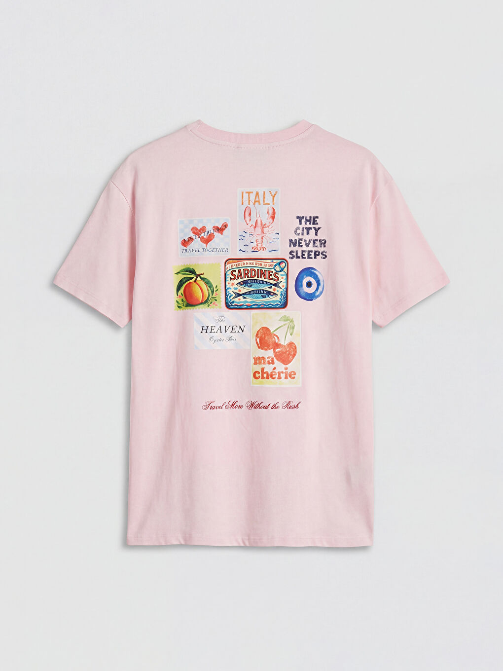 Pembe Bisiklet Yaka Baskılı Kadın Tişört-1