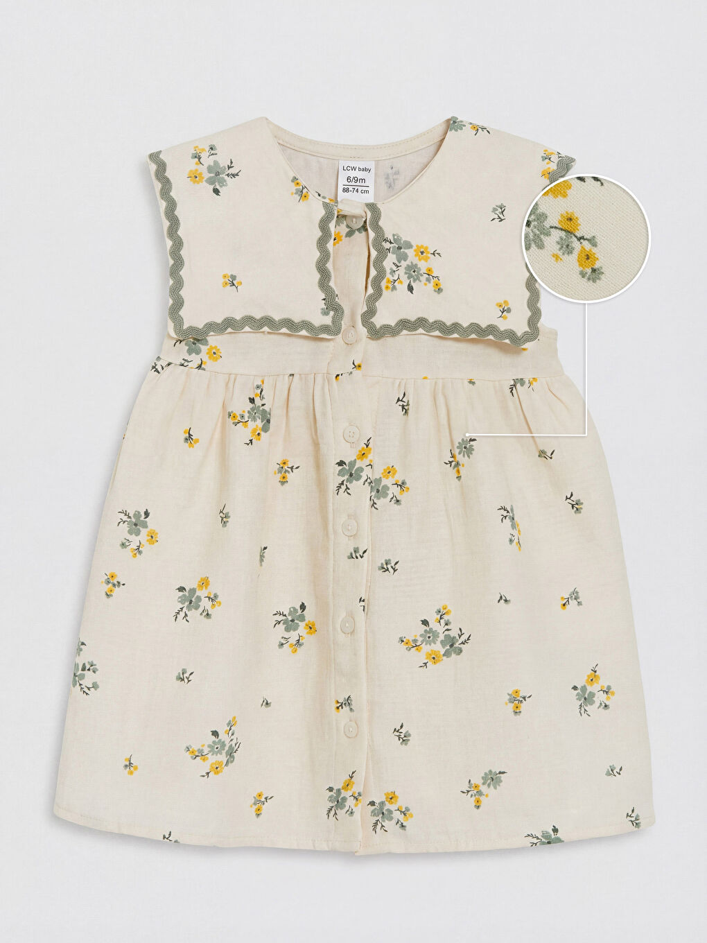 Ekru Bebe Yaka Çiçekli Kız Bebek Müslin Elbise