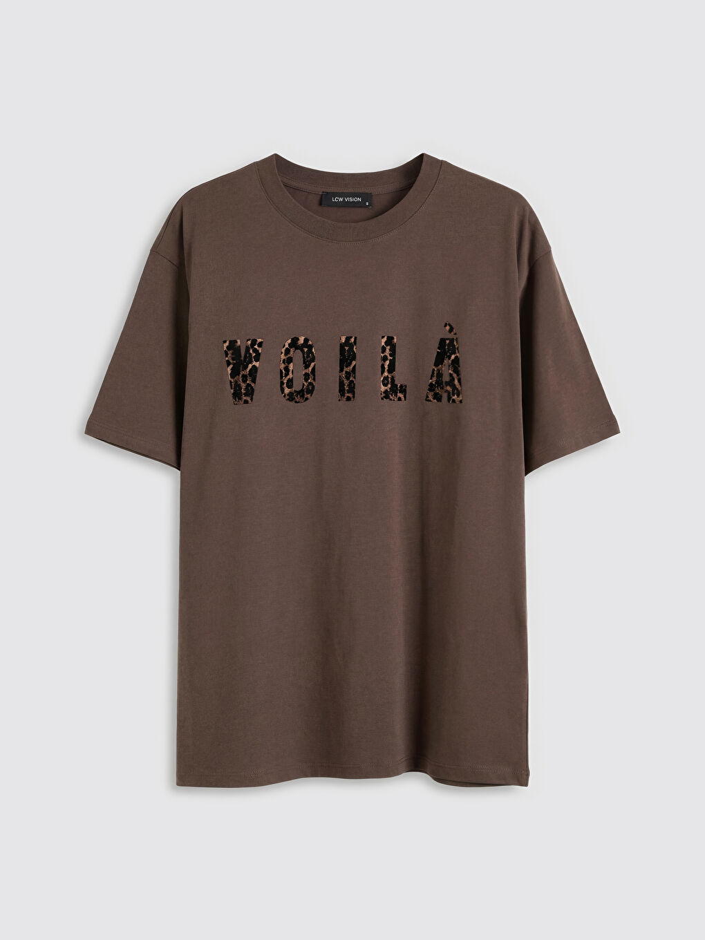 Kahverengi Bisiklet Yaka Baskılı Oversize Kadın Tişört-4