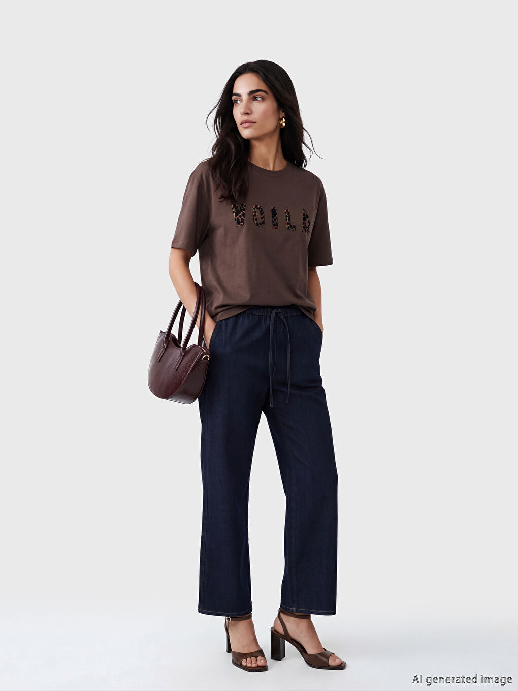 Kahverengi Bisiklet Yaka Baskılı Oversize Kadın Tişört-1