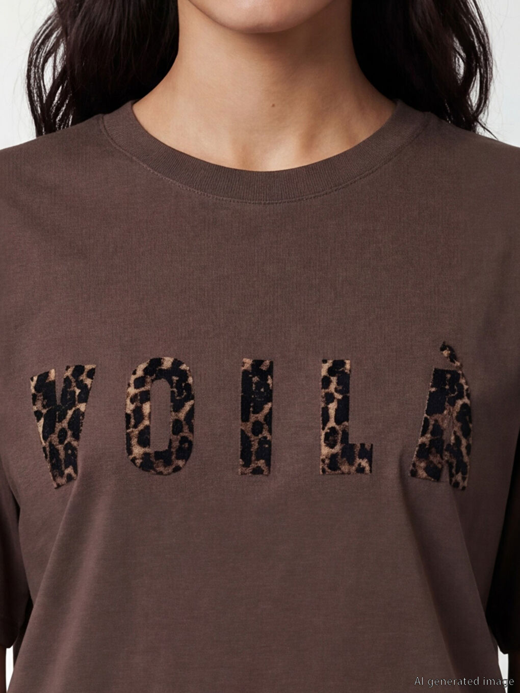 Kahverengi Bisiklet Yaka Baskılı Oversize Kadın Tişört-2