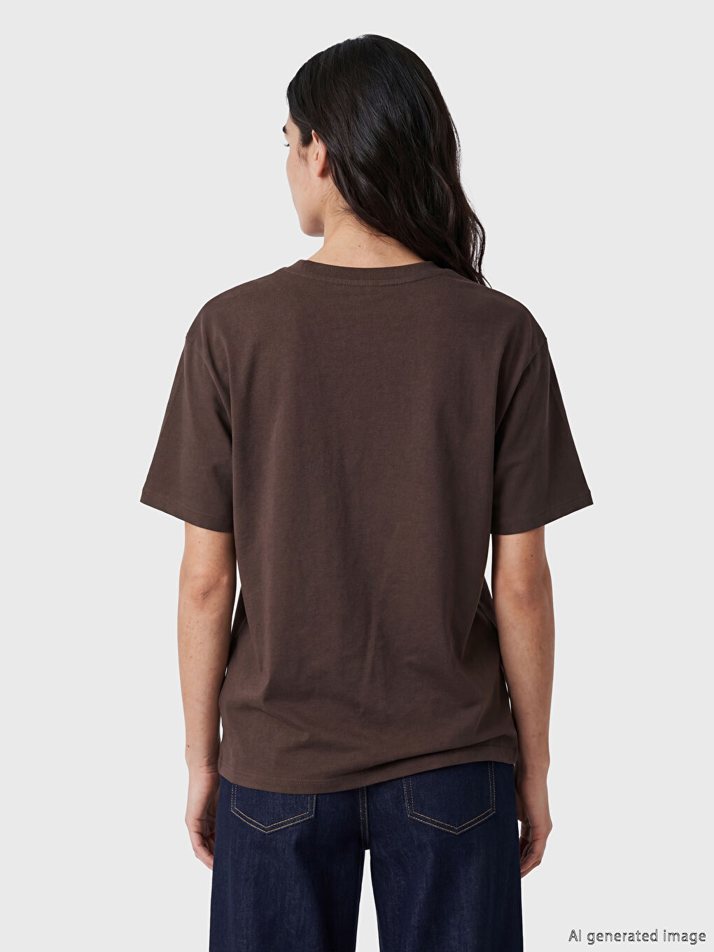 Kahverengi Bisiklet Yaka Baskılı Oversize Kadın Tişört-3