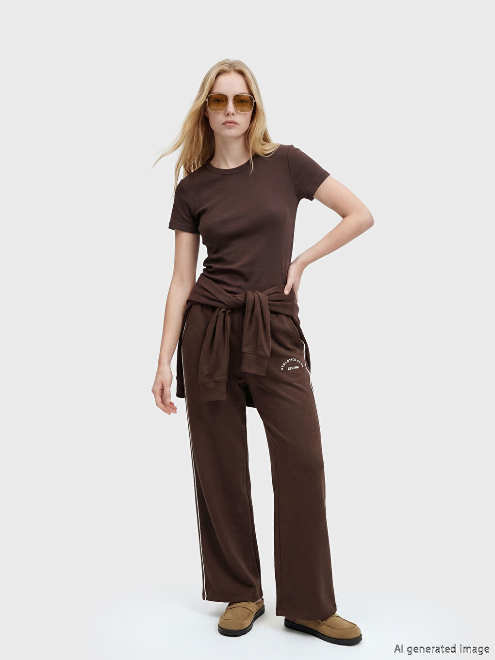 Kahverengi Beli Lastikli Baskılı Kadın Eşofman Altı