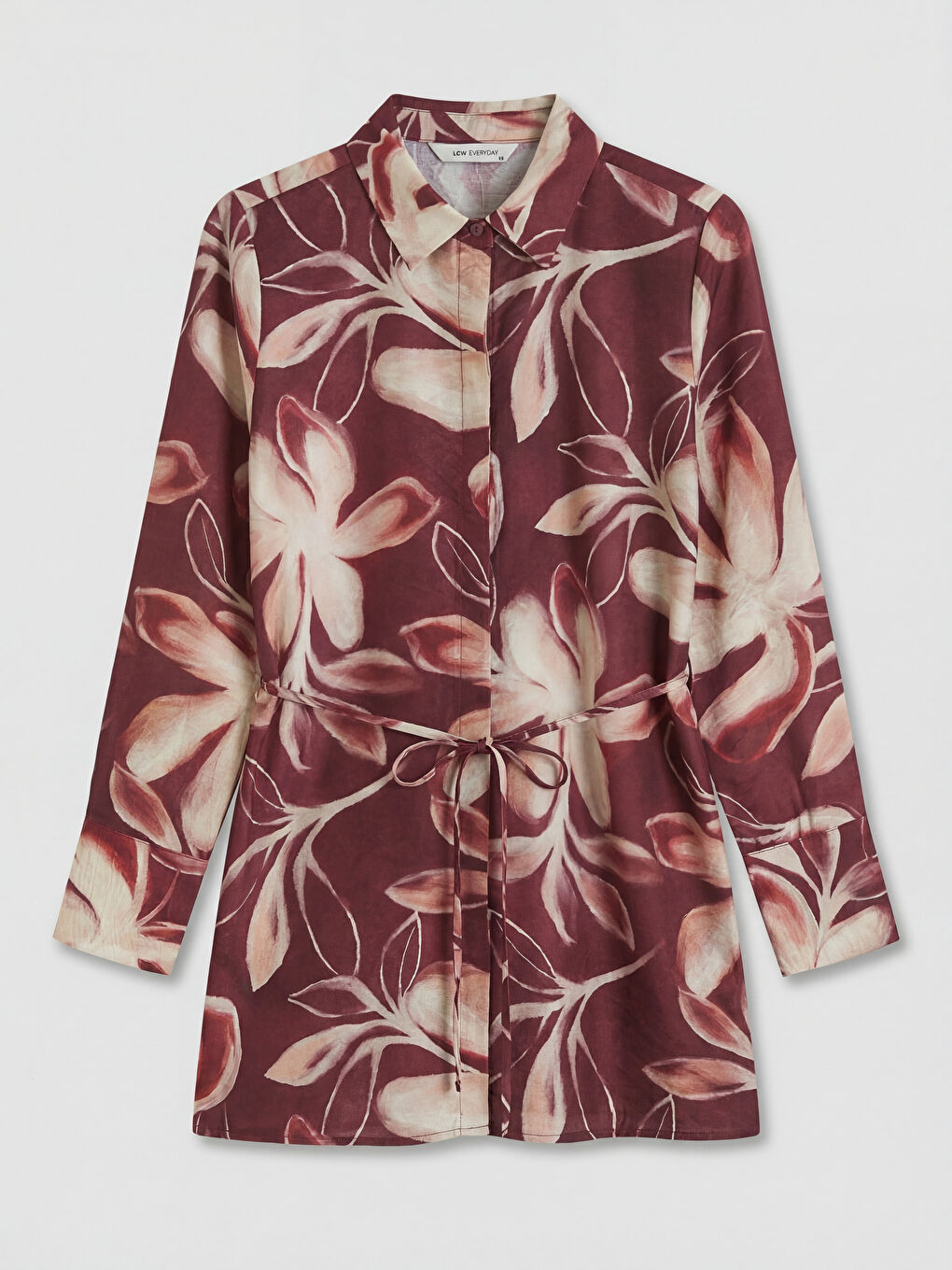 Bordo Çiçekli Kuşaklı Kadın Gömlek Tunik