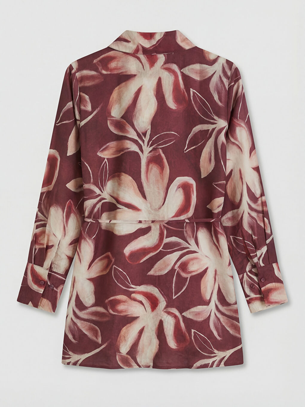 Bordo Çiçekli Kuşaklı Kadın Gömlek Tunik-1