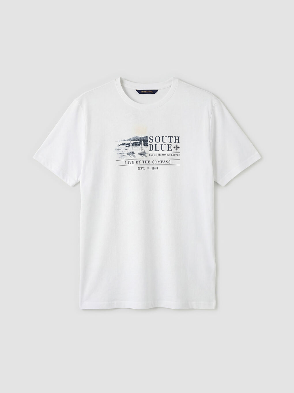 Beyaz Bisiklet Yaka Baskılı Erkek Tişört