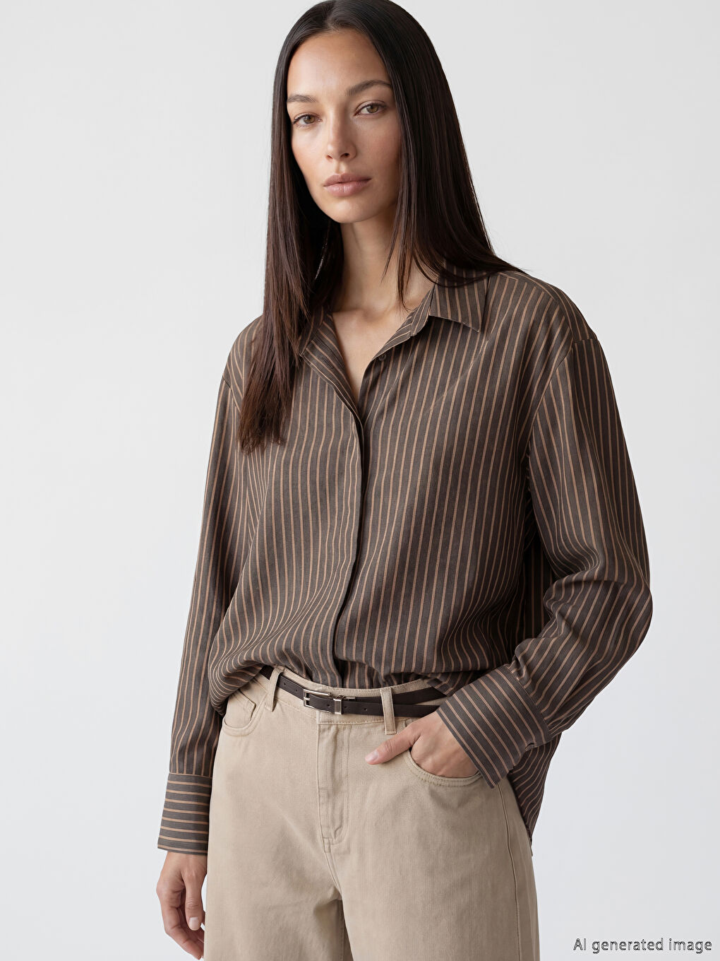 Kahverengi Çizgili Modal Karışımlı Kadın Gömlek