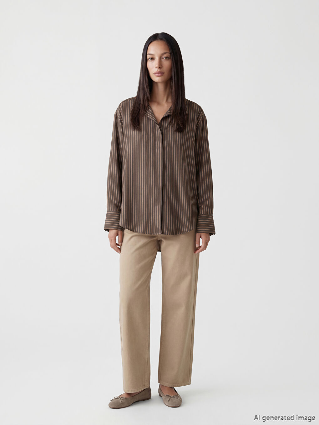 Kahverengi Çizgili Modal Karışımlı Kadın Gömlek-1