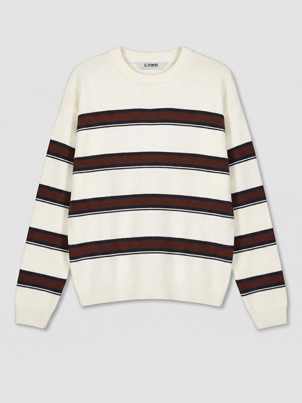 Ekru Bisiklet Yaka Çizgili Erkek Çocuk Triko Kazak