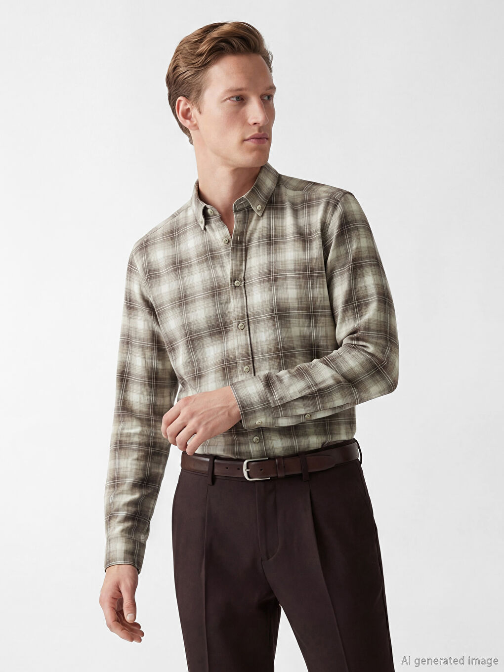 Bej Regular Fit Kareli Erkek Gömlek