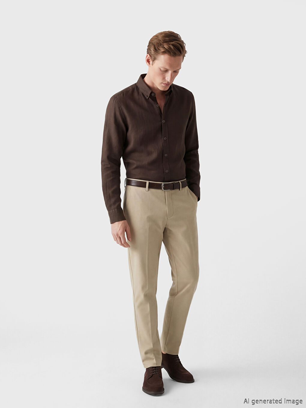 Kahverengi Regular Fit Keten Karışımlı Erkek Gömlek-1