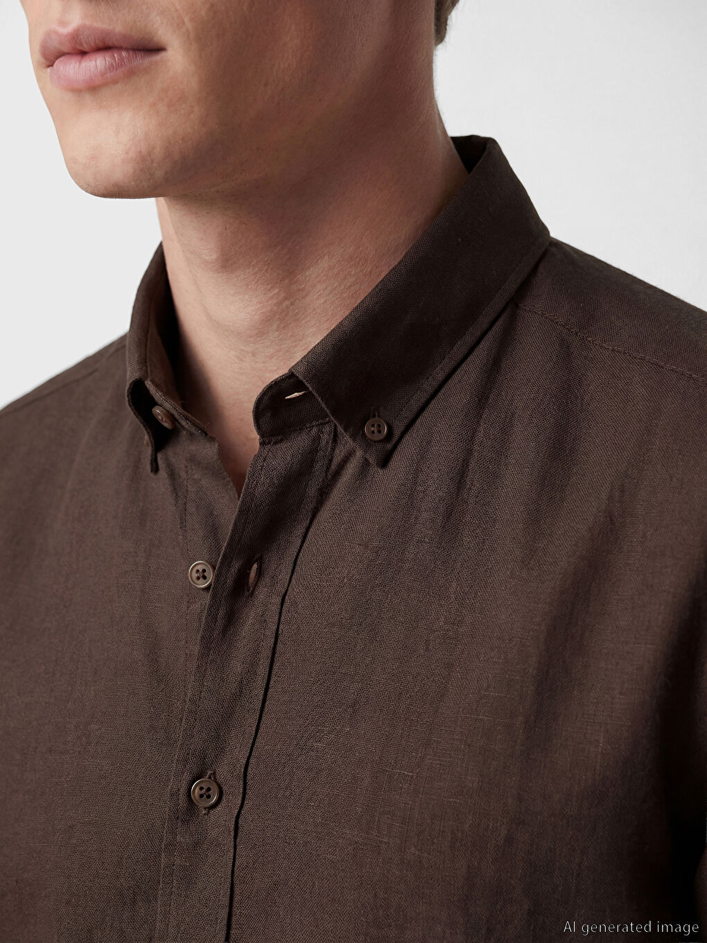 Kahverengi Regular Fit Keten Karışımlı Erkek Gömlek-2