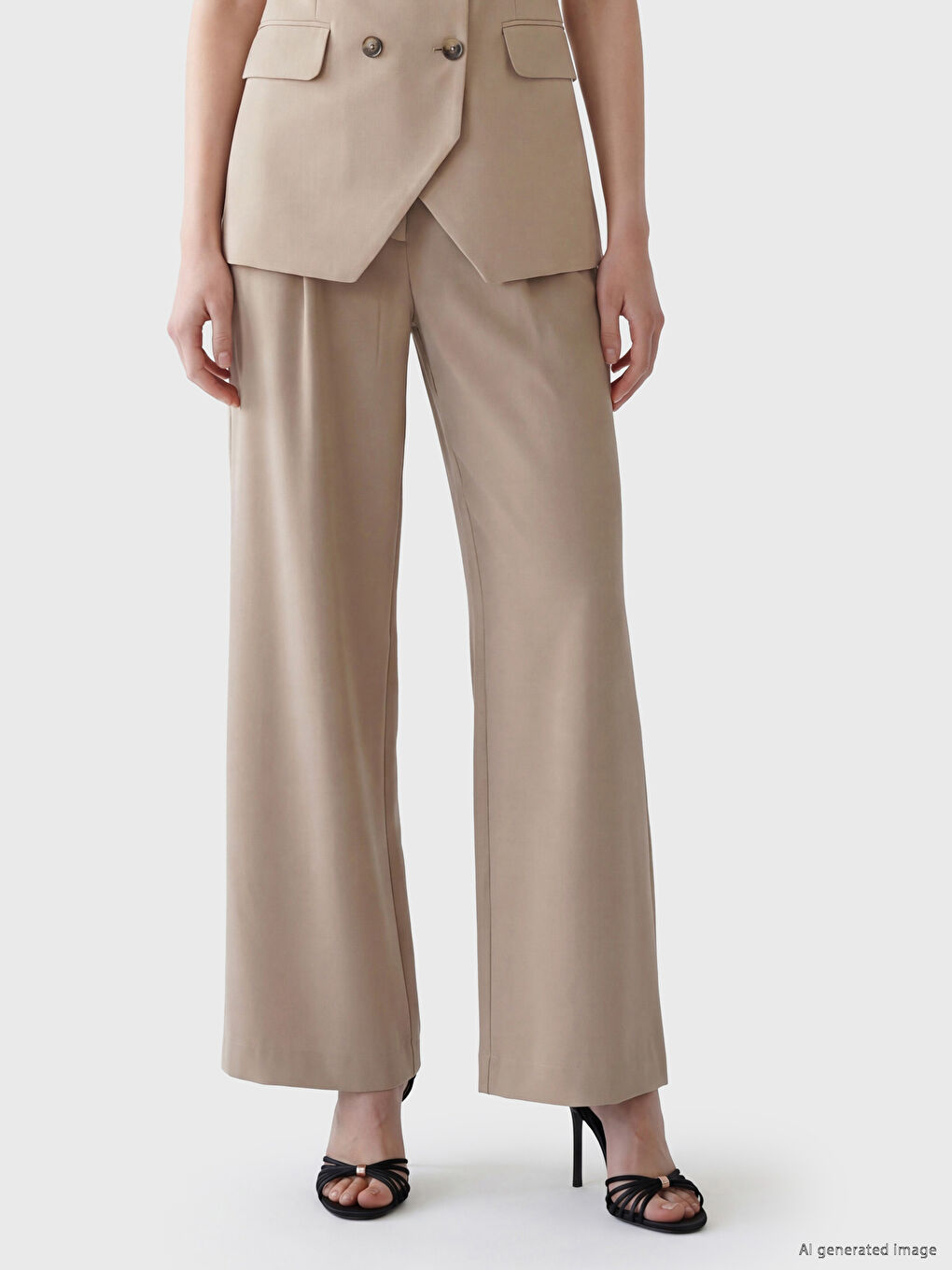 Bej Loose Fit Kadın Pileli Kumaş Pantolon-2