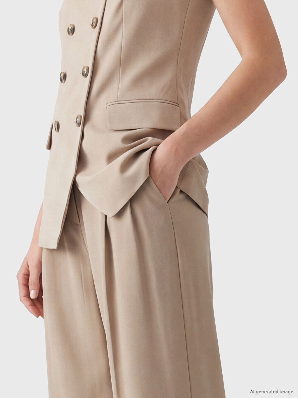 Bej Loose Fit Kadın Pileli Kumaş Pantolon-3