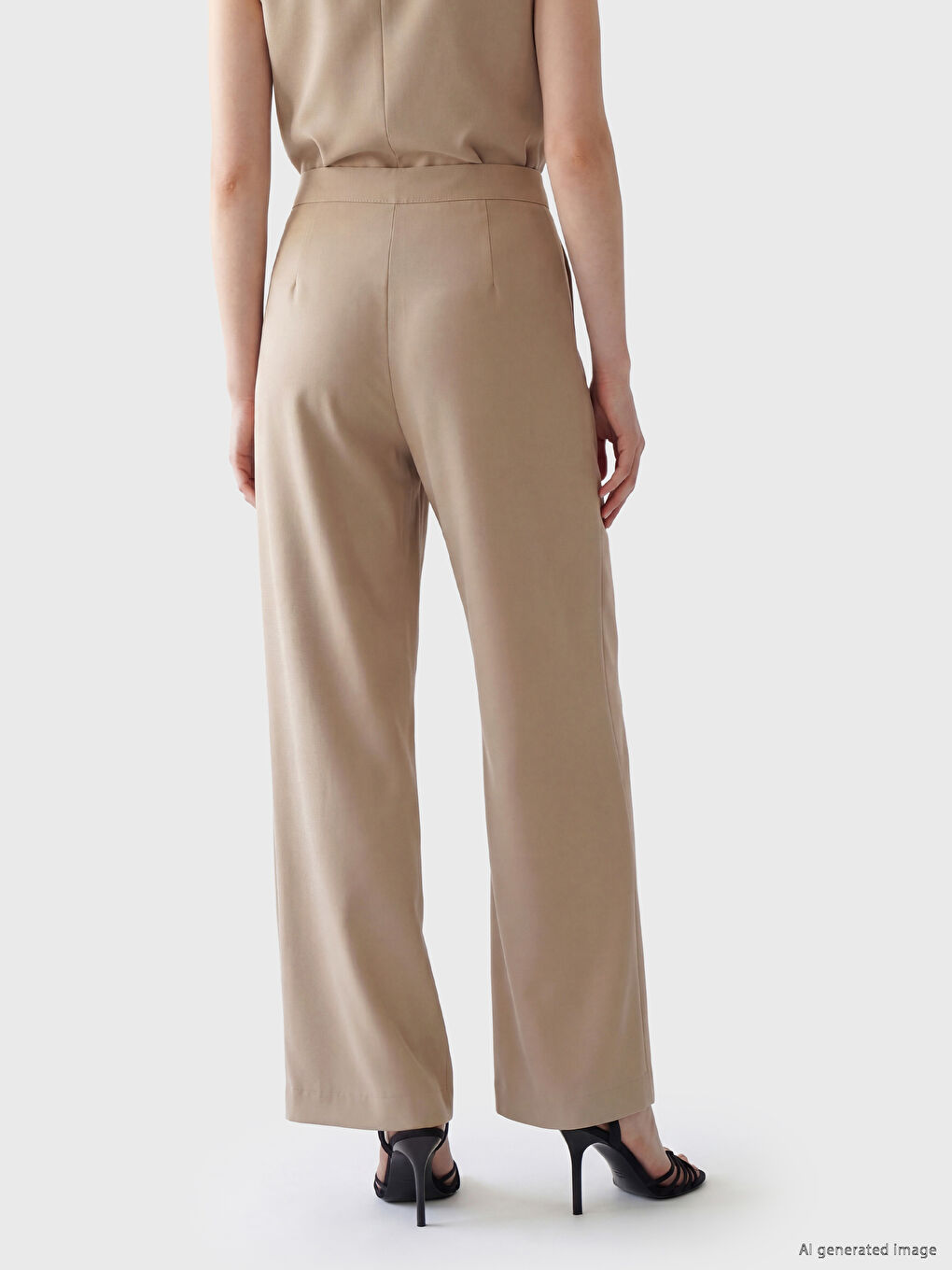 Bej Loose Fit Kadın Pileli Kumaş Pantolon-4