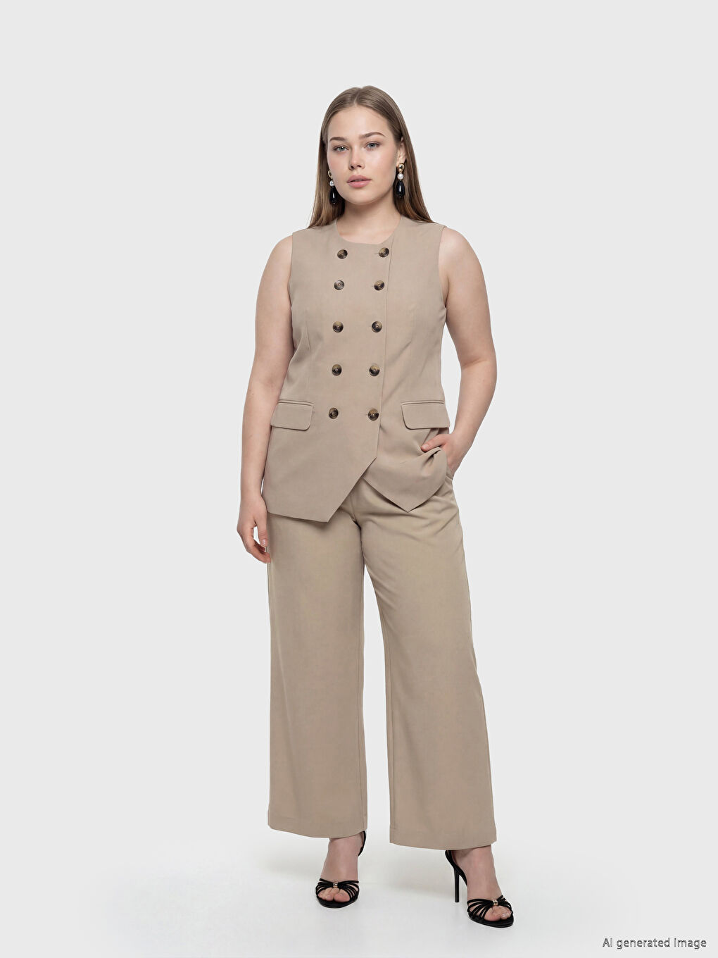 Bej Loose Fit Kadın Pileli Kumaş Pantolon-1