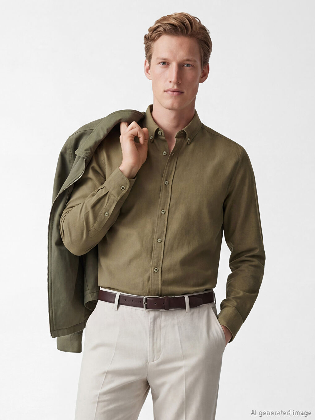 Haki Standart Kalıp Yün Karışımlı Erkek Gömlek