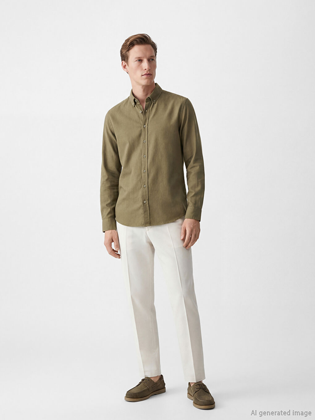 Haki Standart Kalıp Yün Karışımlı Erkek Gömlek-1