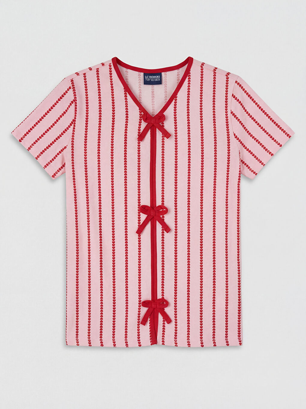 Pembe Fiyonk Detaylı V Yaka Kız Çocuk Şortlu Pijama Takımı-1