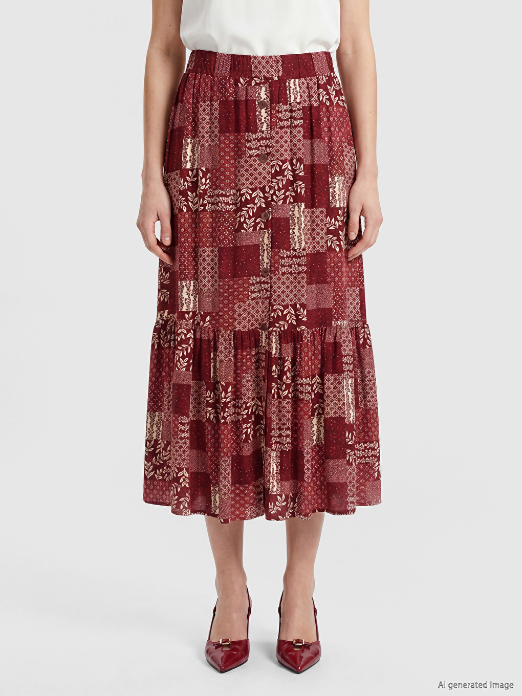 Elastic Waist Patterned Flared Skirt-1
