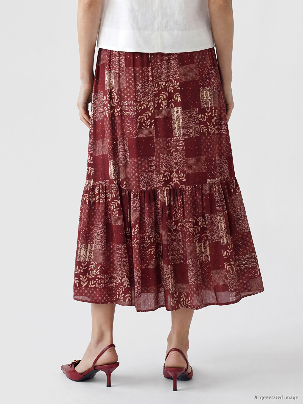 Elastic Waist Patterned Flared Skirt-3
