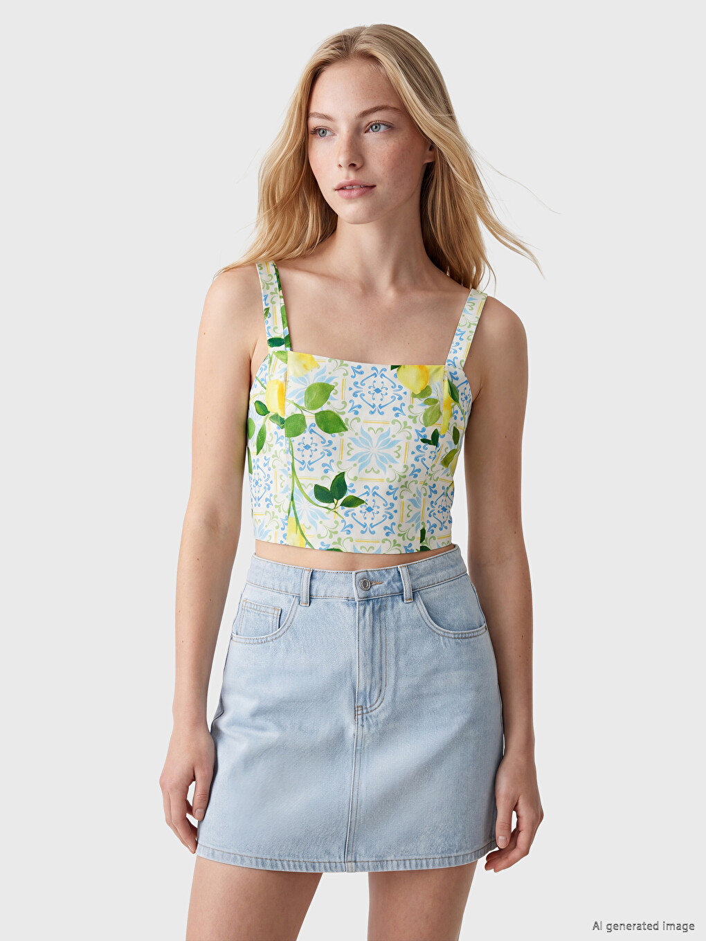 Bluză Crop Cu Model Cu Guler Pătrat-1