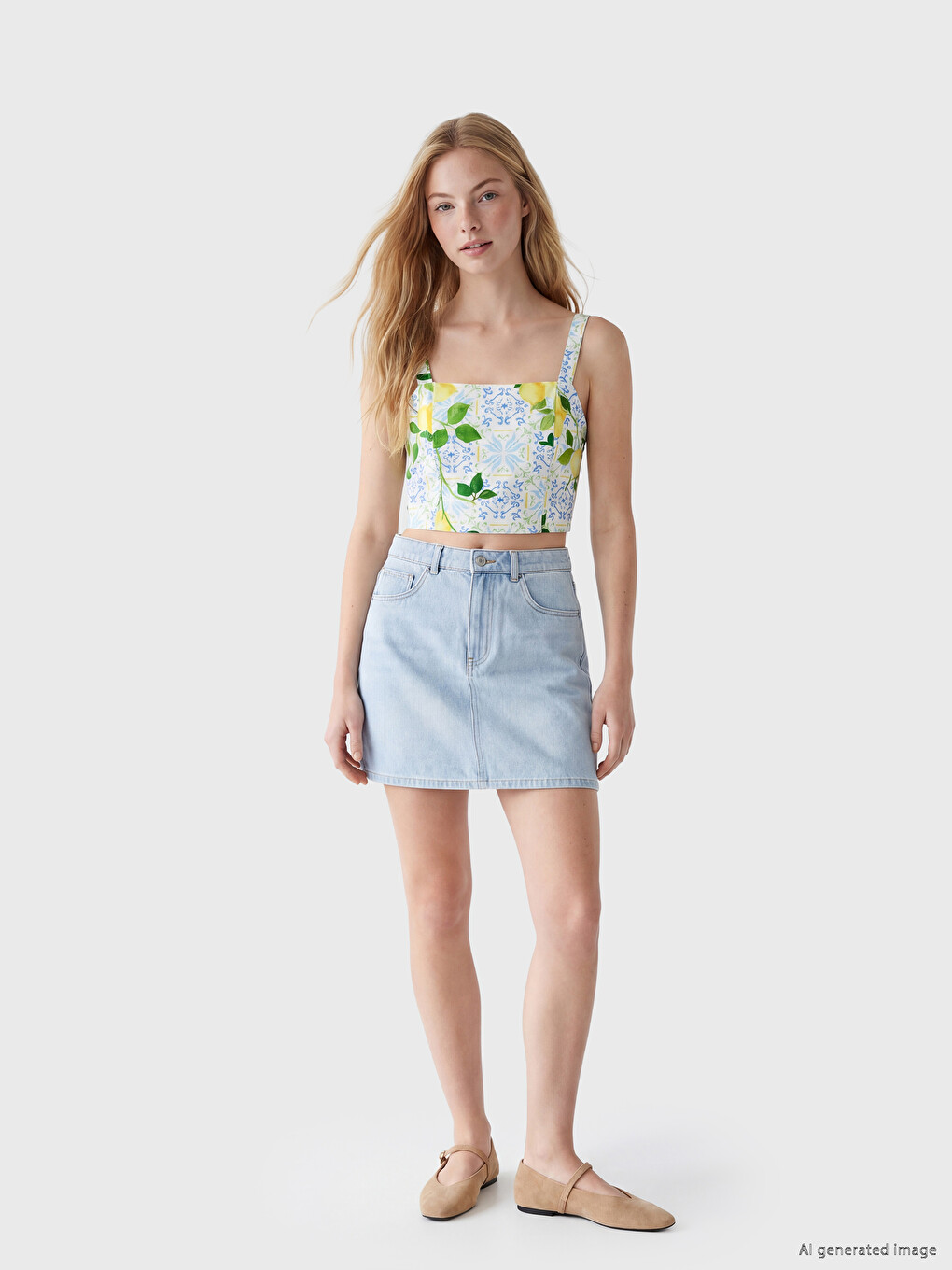 Bluză Crop Cu Model Cu Guler Pătrat-2