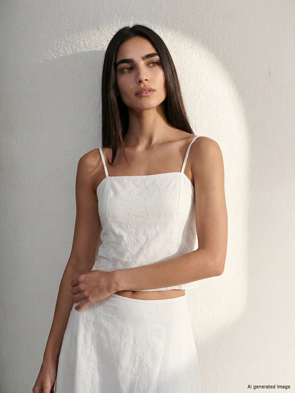 Beyaz Kare Yaka İp Askılı Crop Bluz