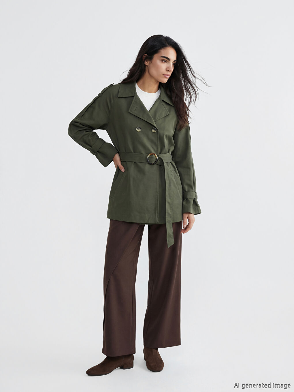 Double Breasted Belted Women's Trench Coat-1