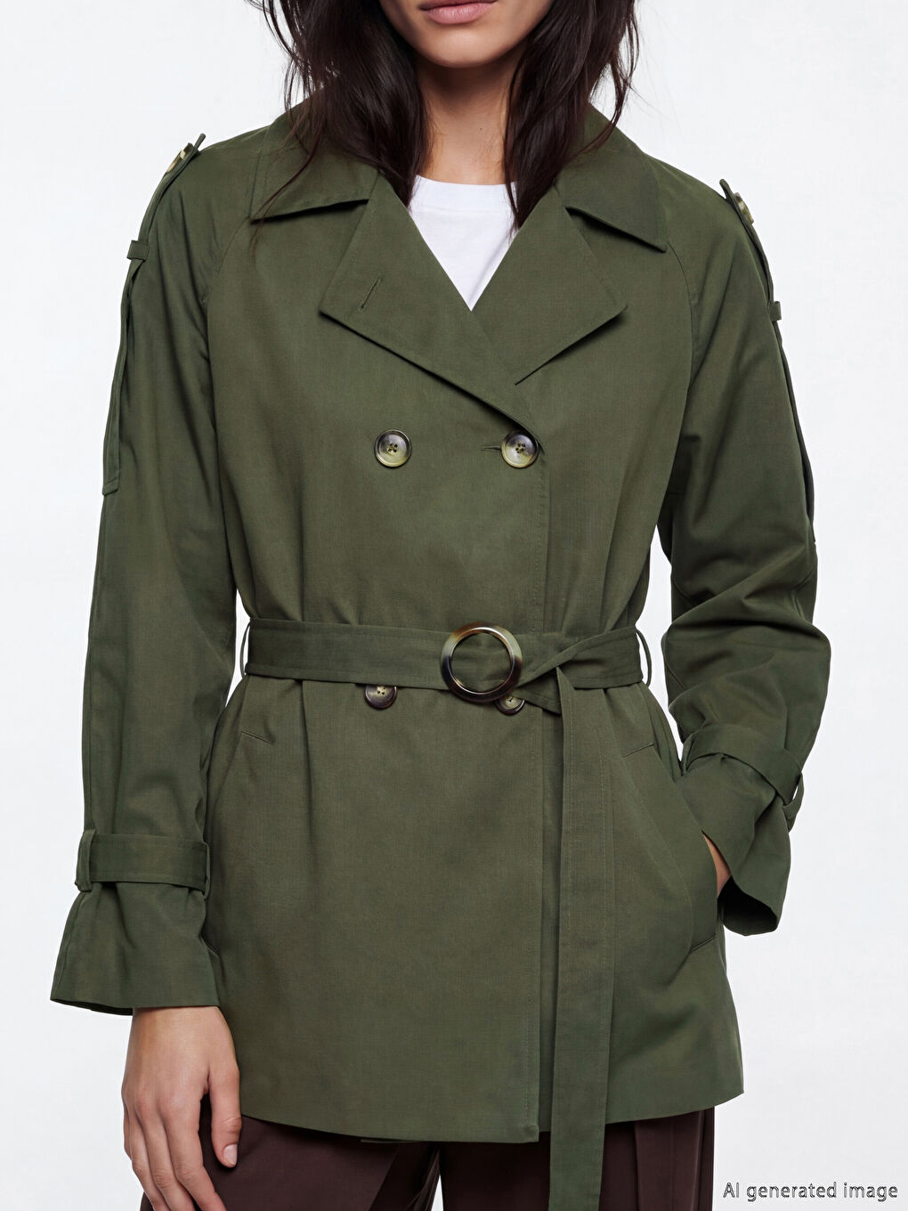 Double Breasted Belted Women's Trench Coat-2
