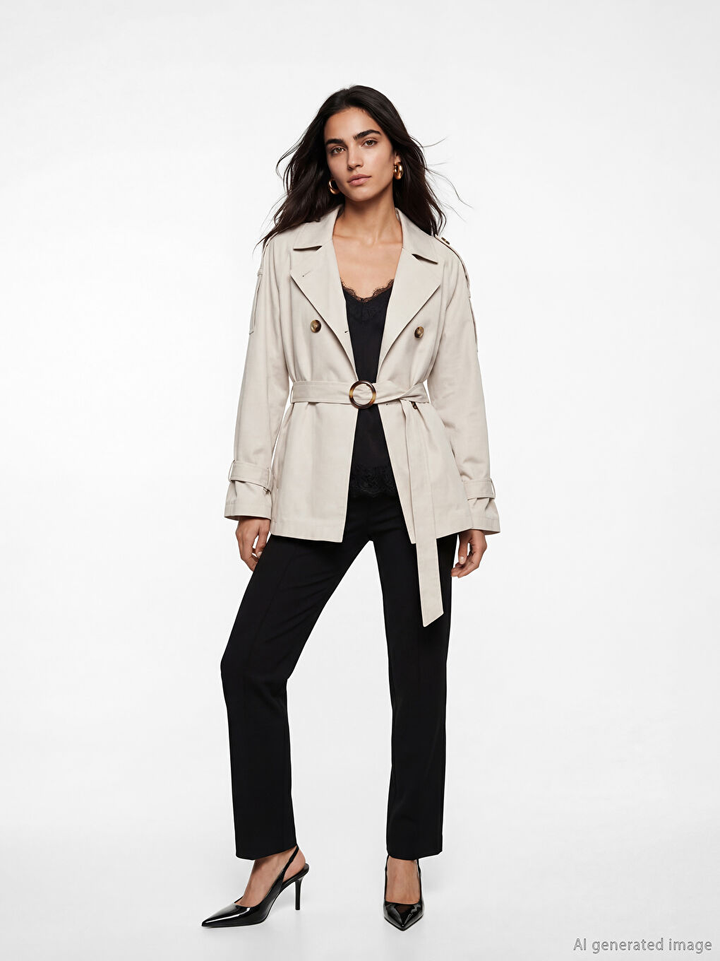 معطف ترنش نسائي مزود بحزام وبصفين من الأزرار-1