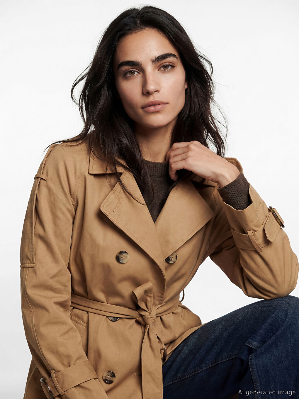 معطف ترنش نسائي مزود بحزام وبصفين من الأزرار