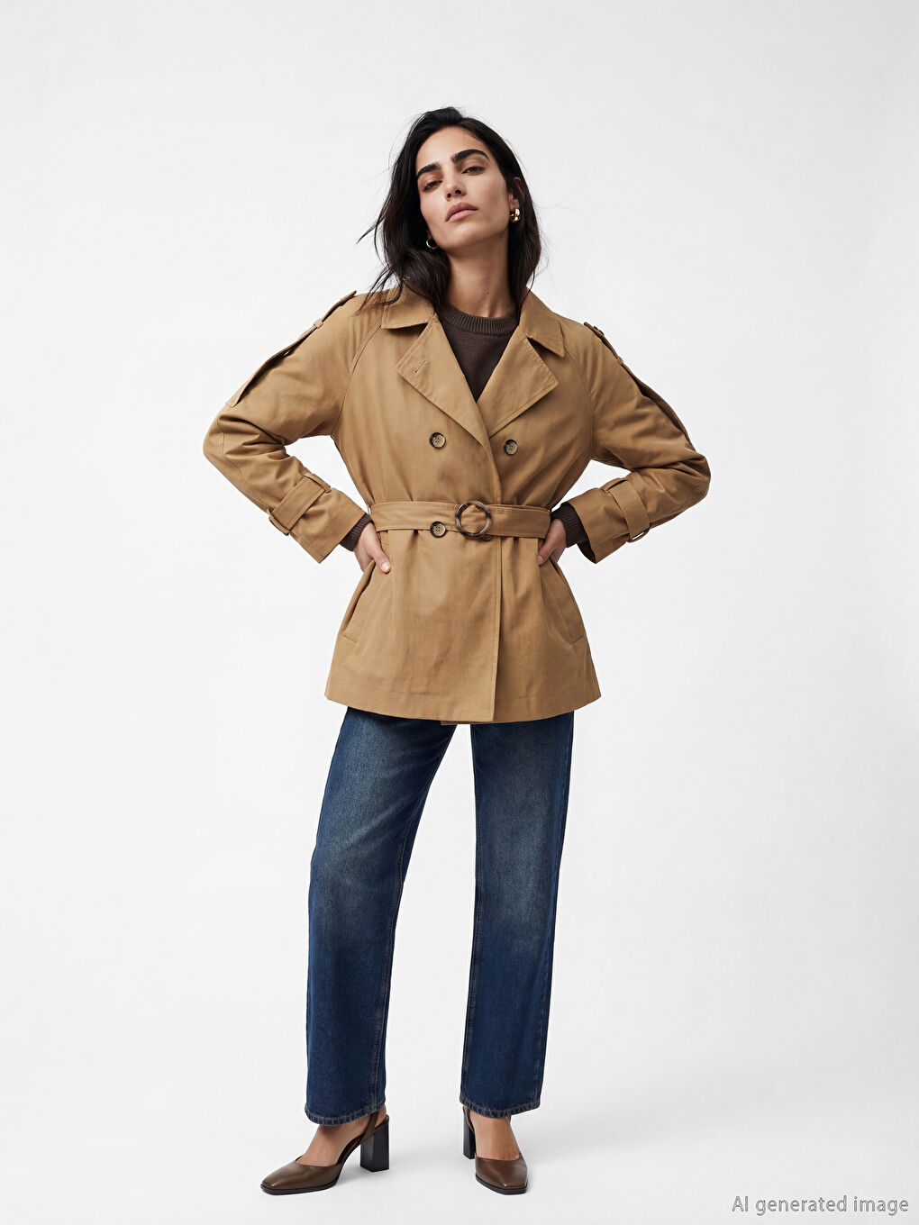 معطف ترنش نسائي مزود بحزام وبصفين من الأزرار-1