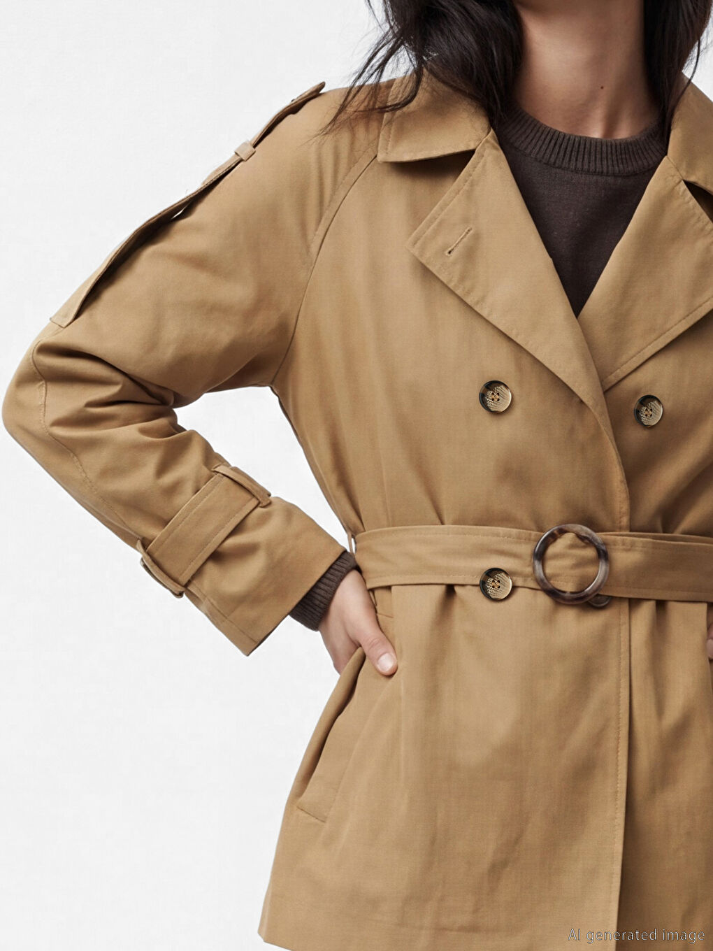 معطف ترنش نسائي مزود بحزام وبصفين من الأزرار-2