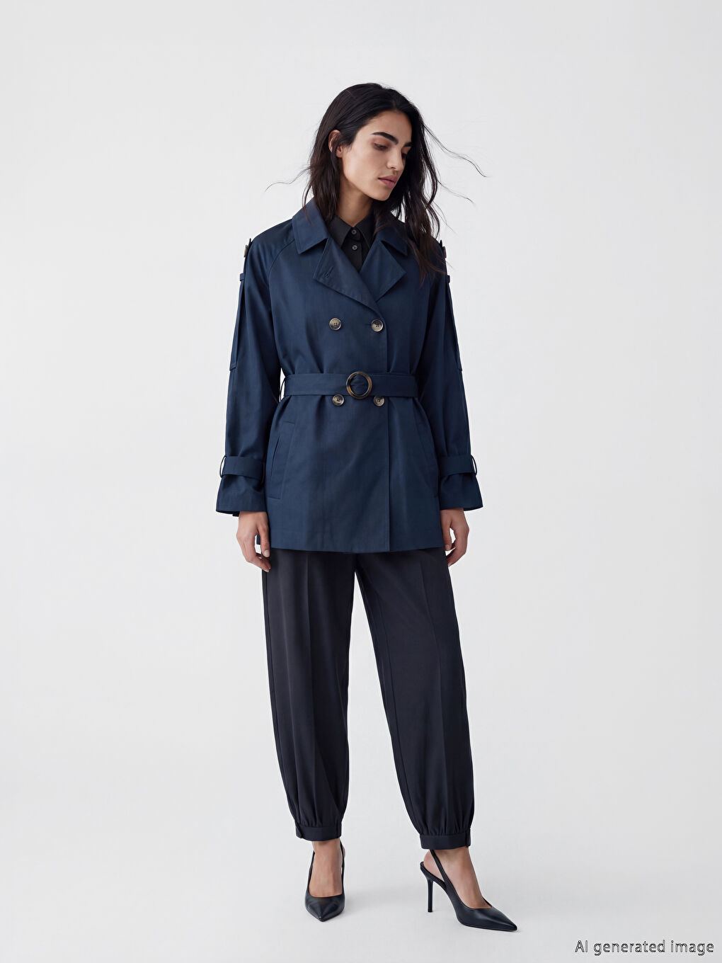 معطف ترنش نسائي مزود بحزام وبصفين من الأزرار-1