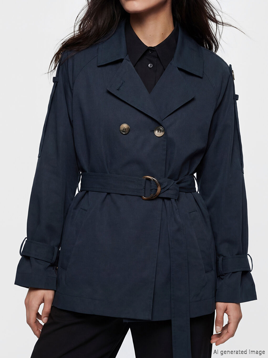 معطف ترنش نسائي مزود بحزام وبصفين من الأزرار-2