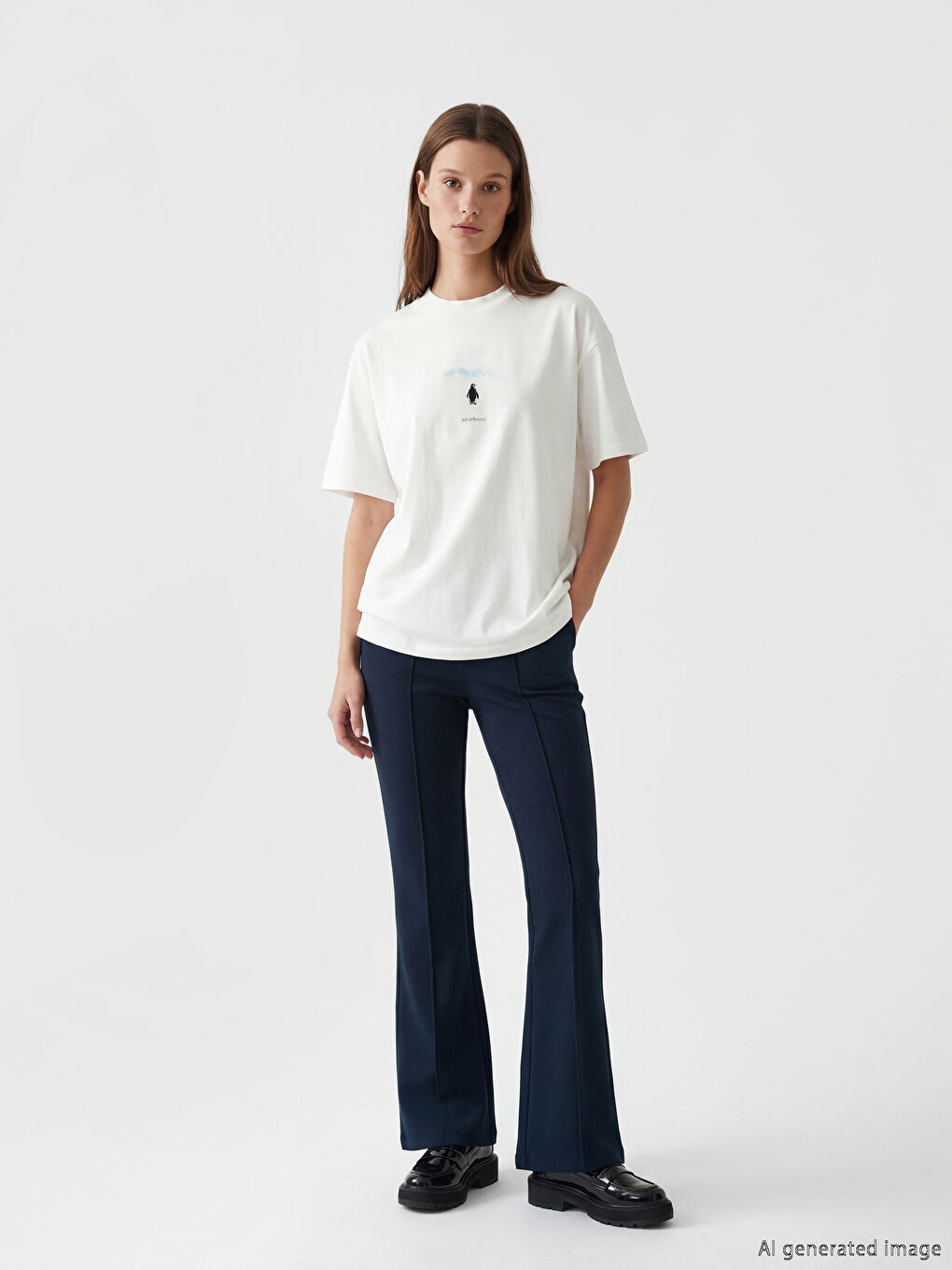 Beyaz Bisiklet Yaka Baskılı Kadın Tişört-3