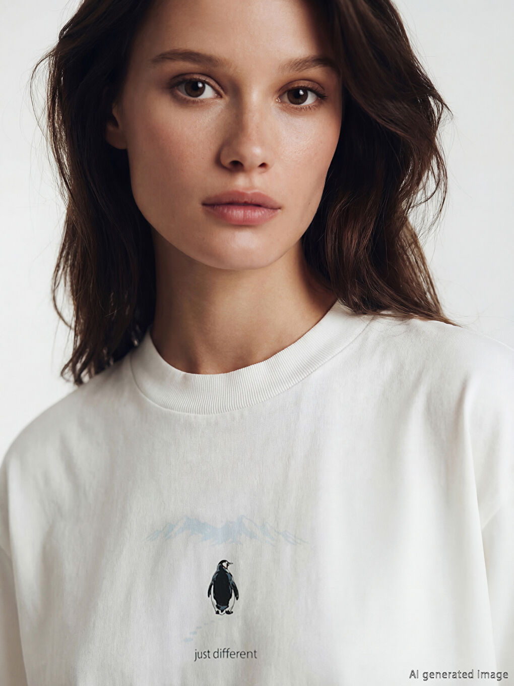 Beyaz Bisiklet Yaka Baskılı Kadın Tişört-5