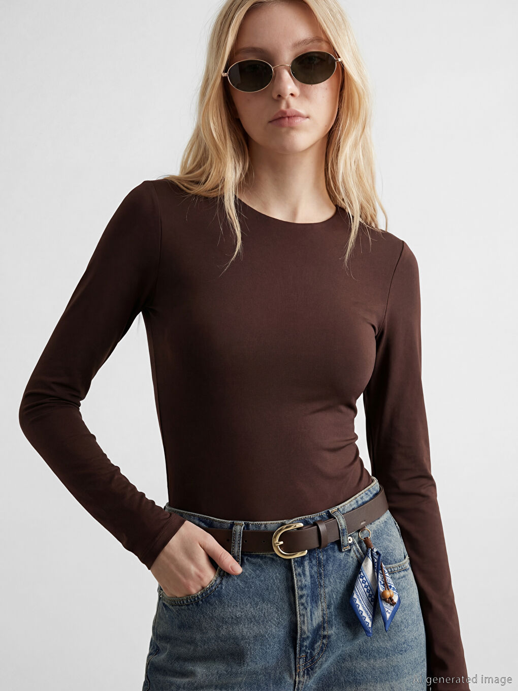 Kahverengi Metal Tokalı ve Fular Aksesuarlı Kadın Kemer