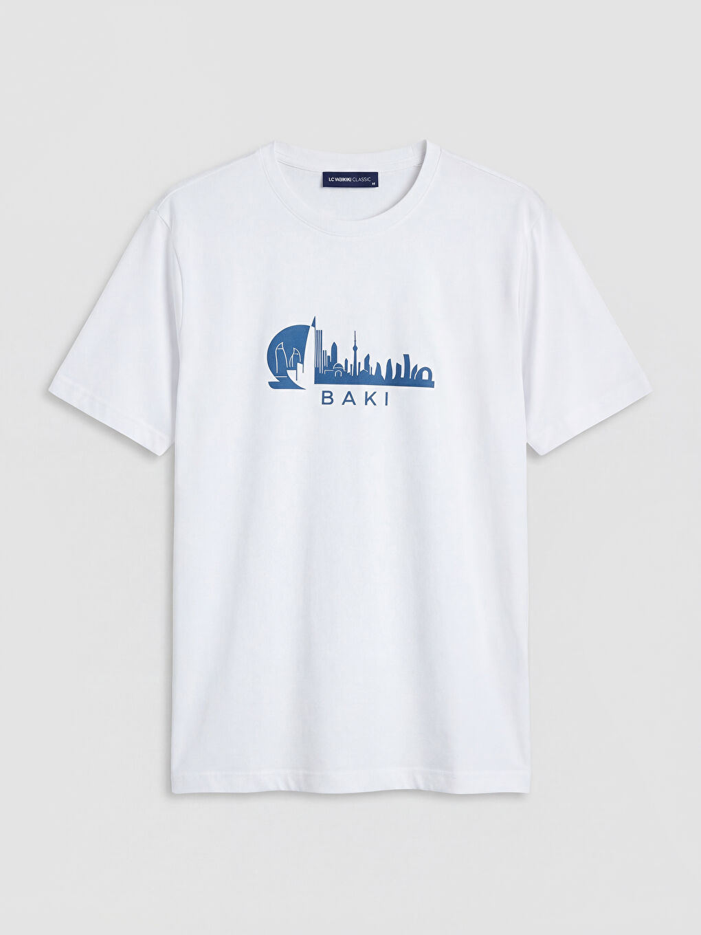 Beyaz Bisiklet Yaka Baskılı Erkek Tişört