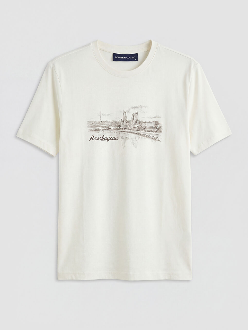 Ekru Bisiklet Yaka Azerbaycan Baskılı Erkek Tişört