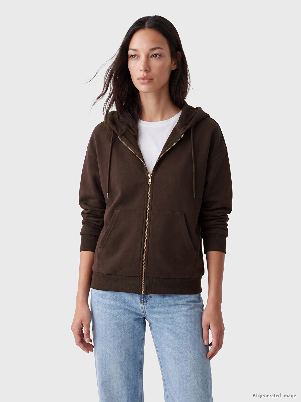 Kahverengi Kapüşonlu Oversize Kadın Fermuarlı Sweatshirt-1