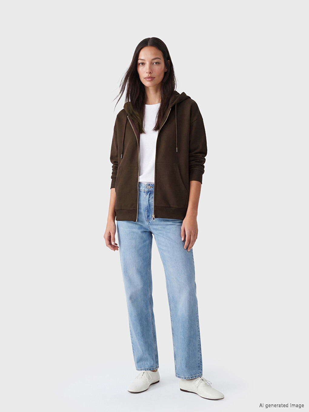 Kahverengi Kapüşonlu Oversize Kadın Fermuarlı Sweatshirt-2