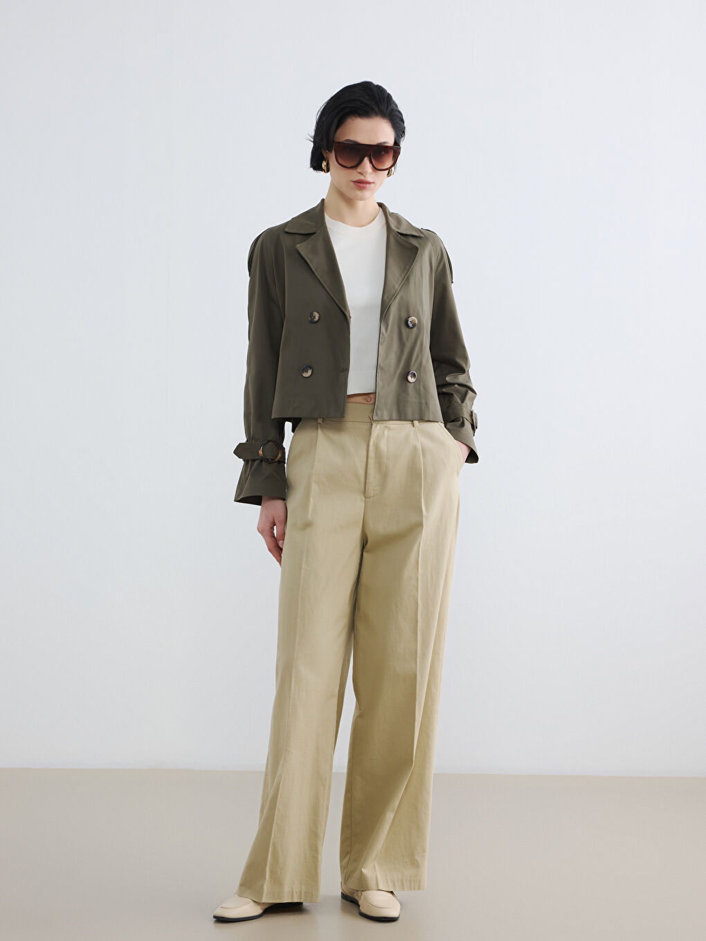 Double Breasted Belted Women's Trench Coat-1