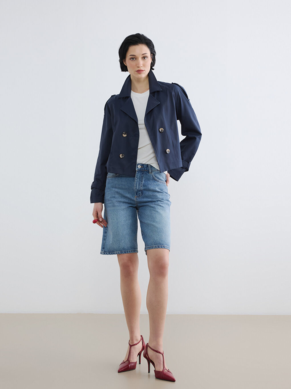 Double Breasted Belted Women's Trench Coat-1