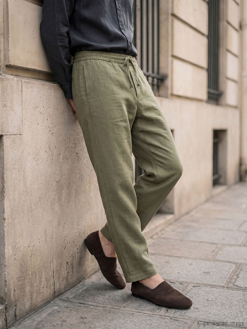 Haki Loose Fit Dokulu Erkek Pantolon-1