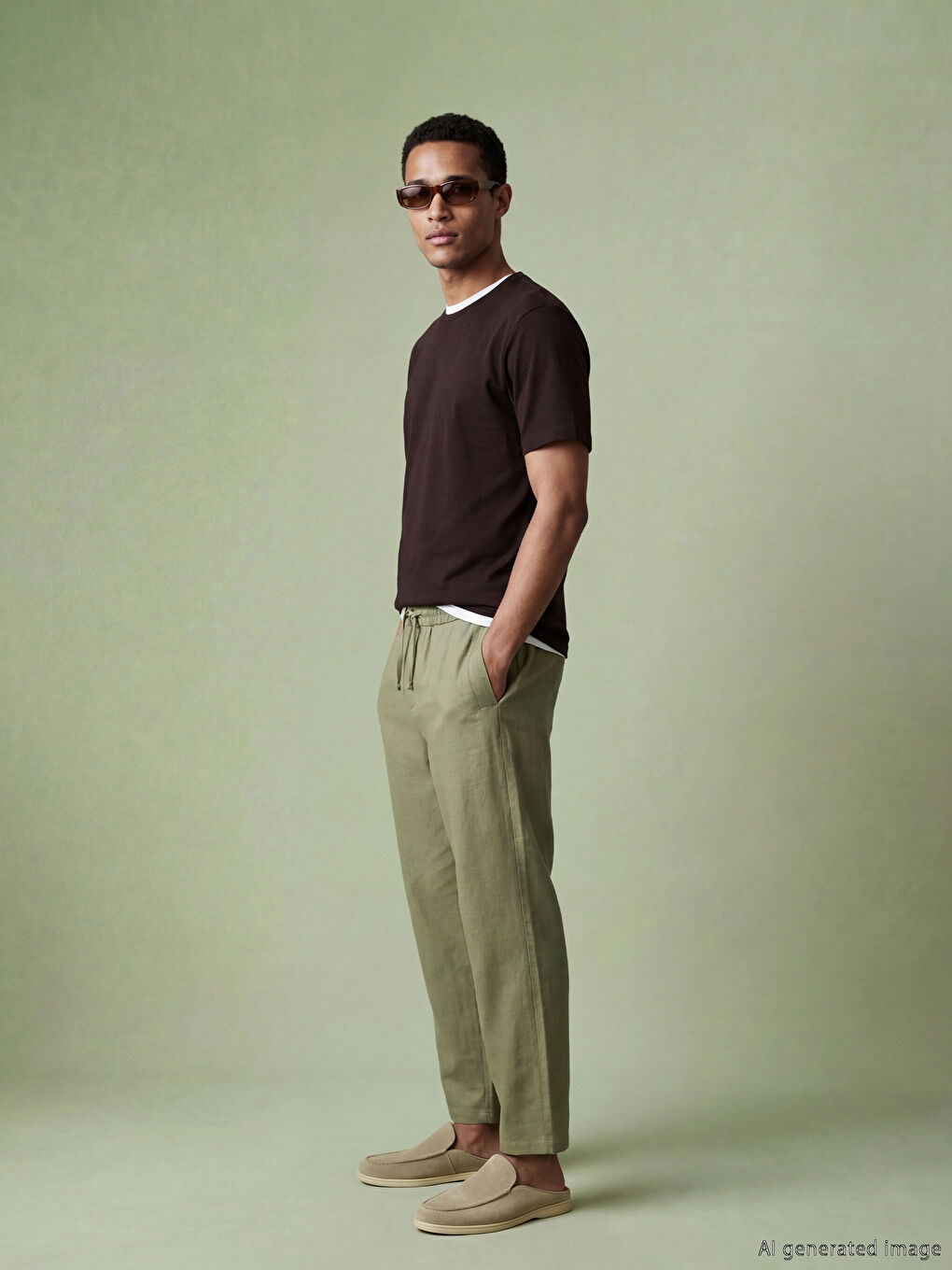 Haki Loose Fit Dokulu Erkek Pantolon-3