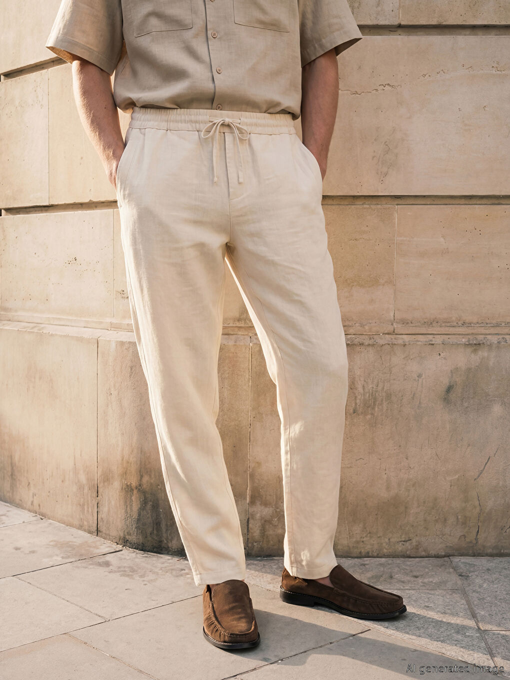 Bej Loose Fit Dokulu Erkek Pantolon-2